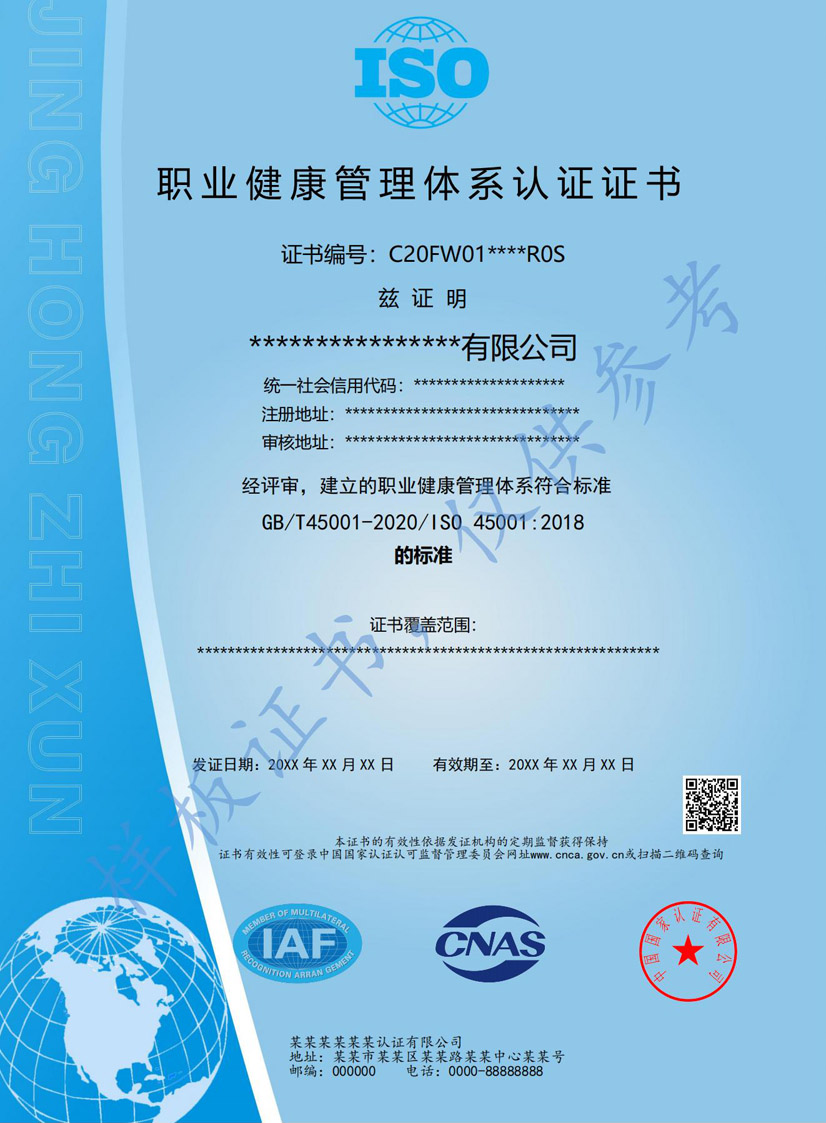 阳江iso45001职业健康管理体系认证证书